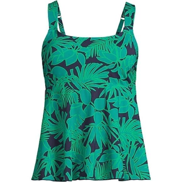 Land’s End Plus flutter Tankini Top soft cup Ombre' green navy Palm print 2X - Picture 1 of 8